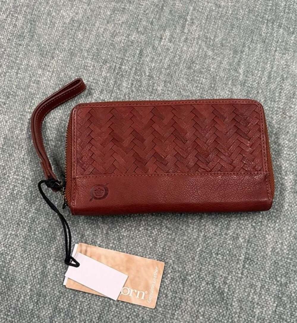 Born Balino Woven Leather Wristlet Wallet Saddle Dual Zip